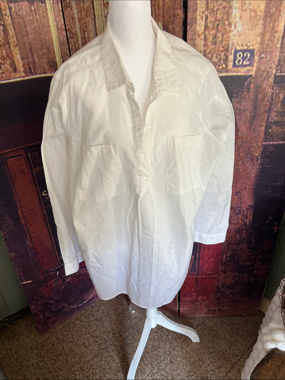 White Linen Tunic Shirt with Patch Pockets